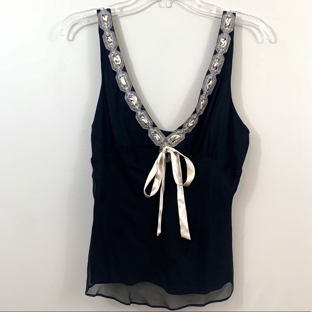 Cache Silk Black Ribbon/Jeweled Cropped Tank
